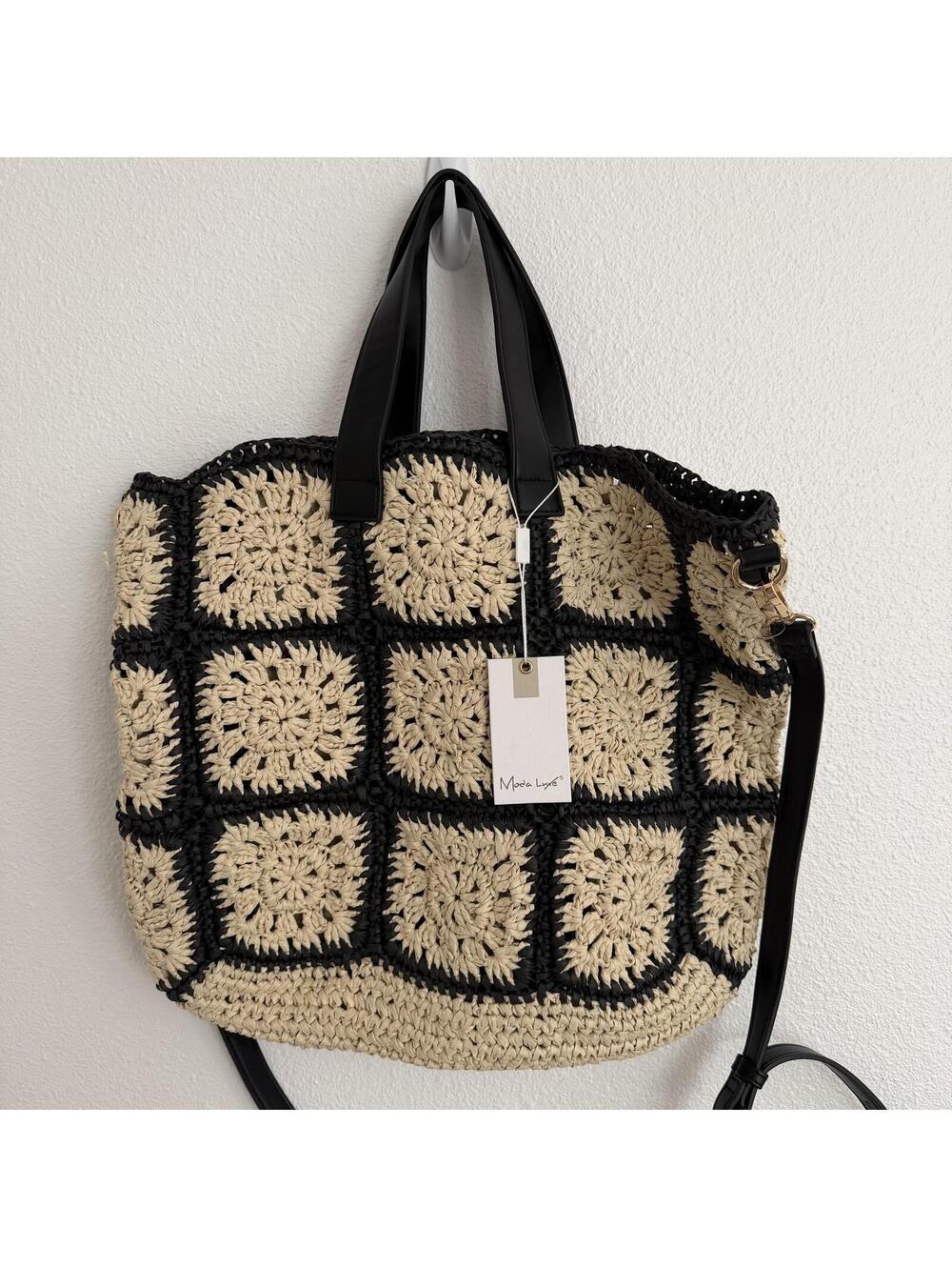 NWT Moda Luxe Chicness Crochet Black and Natural Tote Boho Festival Beach